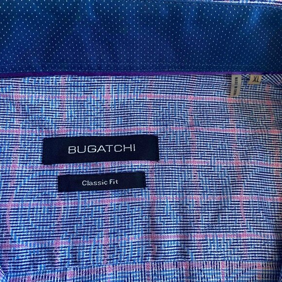 Bugatchi Blue Pink Stripes with Subtle Swirl Print Men Dress Shirt Size XL Work - Picture 4 of 9